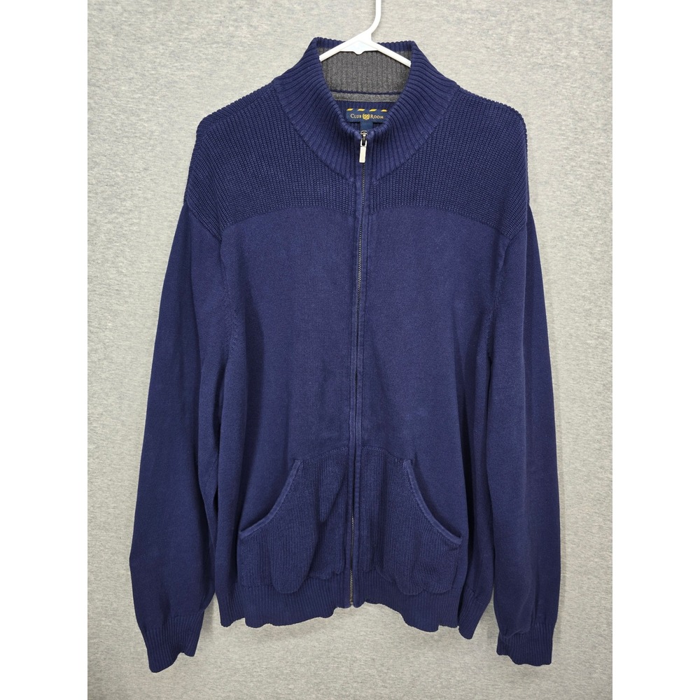 Club Room Mens XL Navy Blue Full Zip Cotton Mock Neck Sweater Ribbed Knit